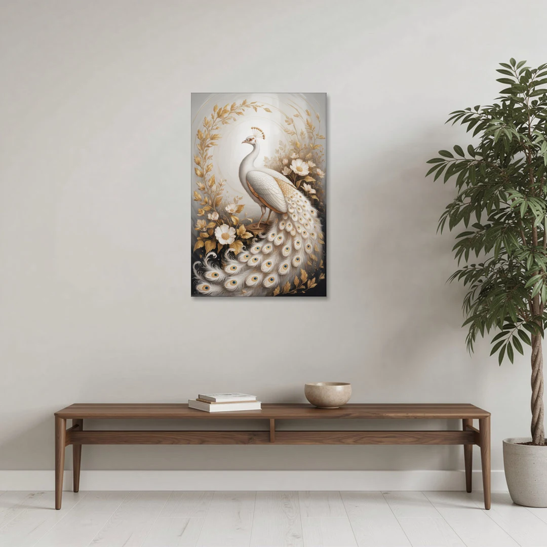 Regal Peacock Splendor White and Gold - Canvas Wall Art - Coffee Table - 24x36