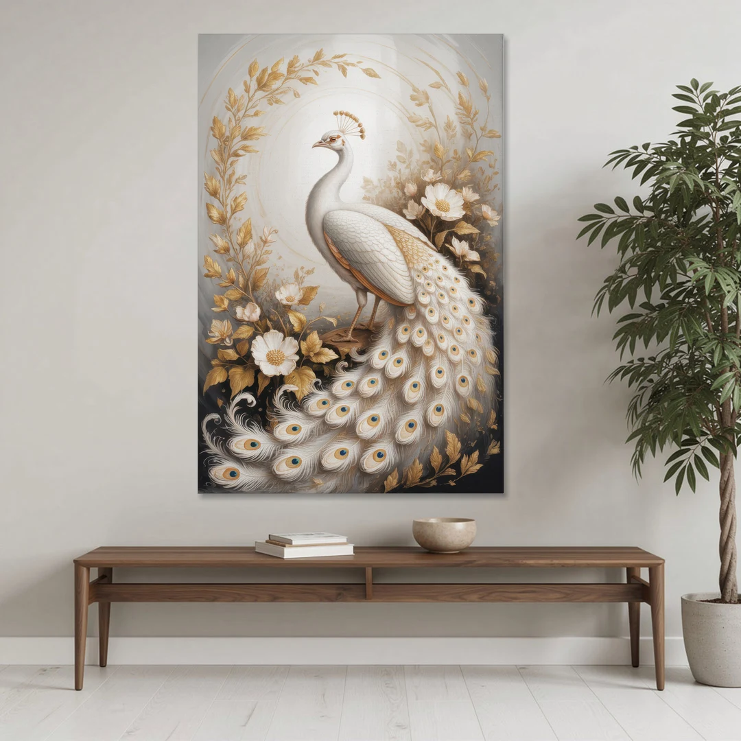 Regal Peacock Splendor White and Gold - Canvas Wall Art - Coffee Table - 40x60