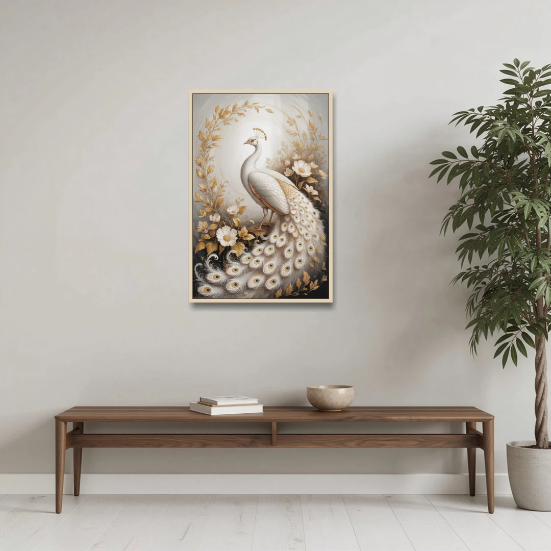 Regal Peacock Splendor White and Gold - Oak Framed Canvas Wall Art - Coffee Table - 24x36