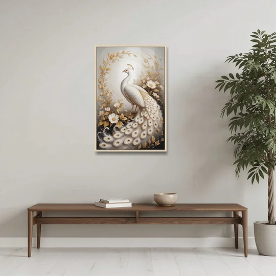 Regal Peacock Splendor White and Gold - Oak Framed Canvas Wall Art - Coffee Table - 24x36