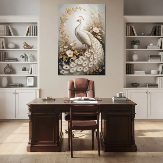 Regal Peacock Splendor White and Gold - Canvas Wall Art - Office - 40x60