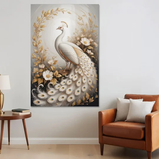 Regal Peacock Splendor White and Gold - Canvas Wall Art - Sofa - 40x60