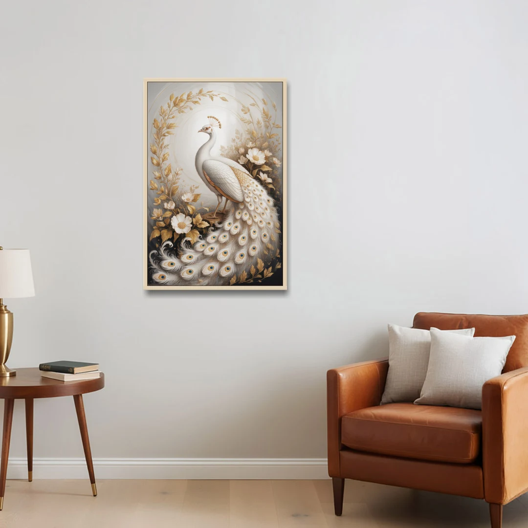 Regal Peacock Splendor White and Gold - Oak Framed Canvas Wall Art - Sofa - 24x36