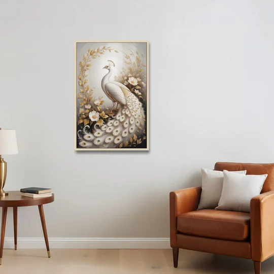 Regal Peacock Splendor White and Gold - Oak Framed Canvas Wall Art - Sofa - 24x36