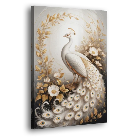 Regal Peacock Splendor White and Gold - Canvas Wall Art - Side