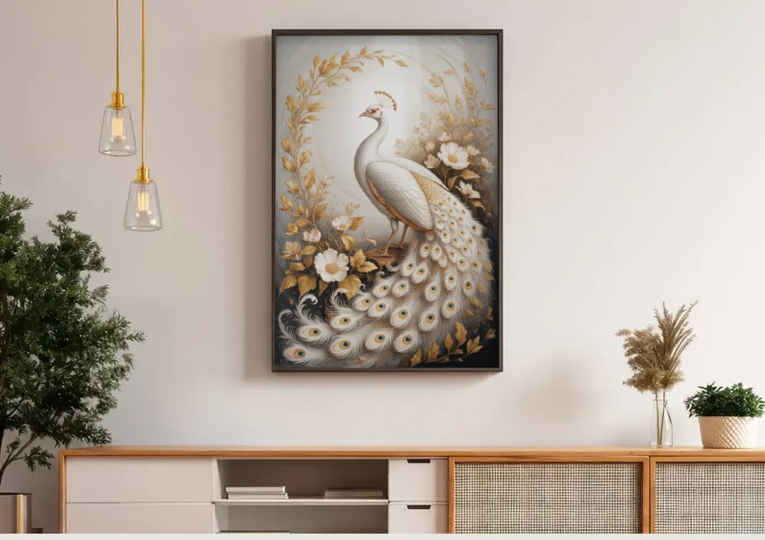 Regal Peacock Splendor White and Gold canvas wall art above a wooden sideboard under pendant lights