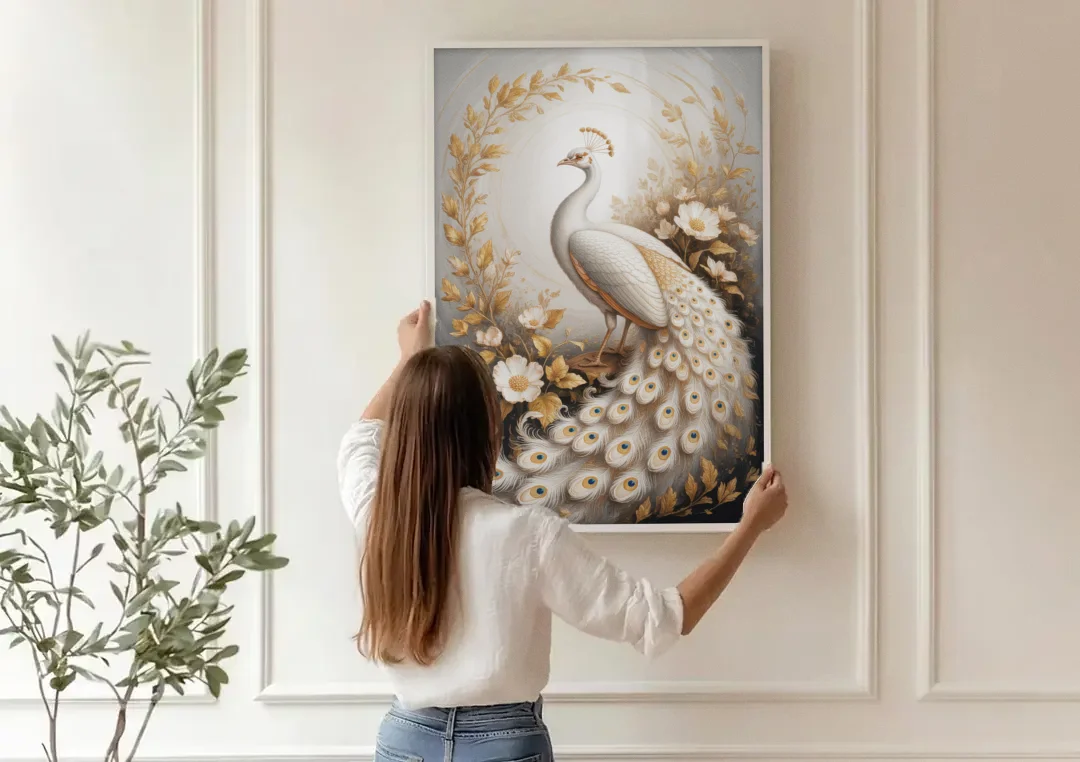 Regal Peacock Splendor White and Gold canvas wall art being hung on a paneled wall