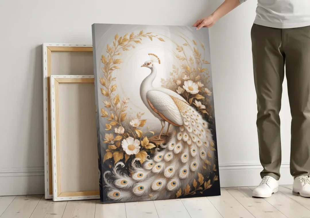 Regal Peacock Splendor White and Gold canvas wall art leaning against a wall next to blank canvases