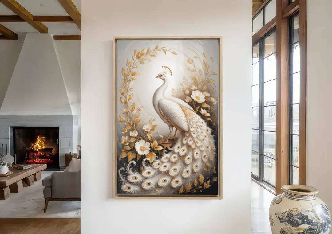 Regal Peacock Splendor White and Gold canvas wall art in a living room with a fireplace
