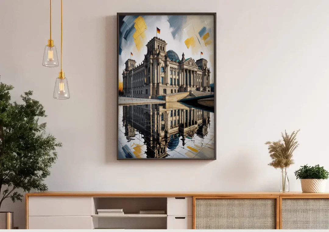 Reichstag Reflections canvas wall art above a wooden sideboard under pendant lights