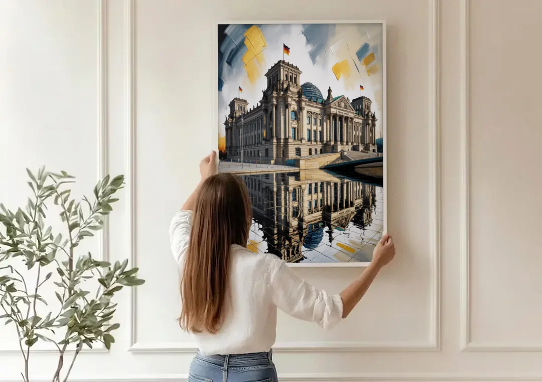 Reichstag Reflections canvas wall art being hung on a paneled wall
