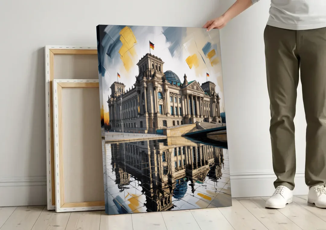 Reichstag Reflections canvas wall art leaning against a wall next to blank canvases