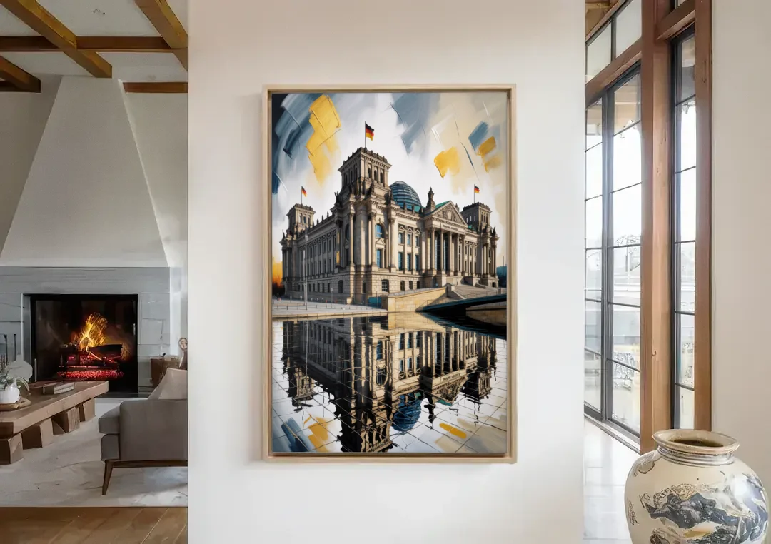 Reichstag Reflections canvas wall art in a living room with a fireplace