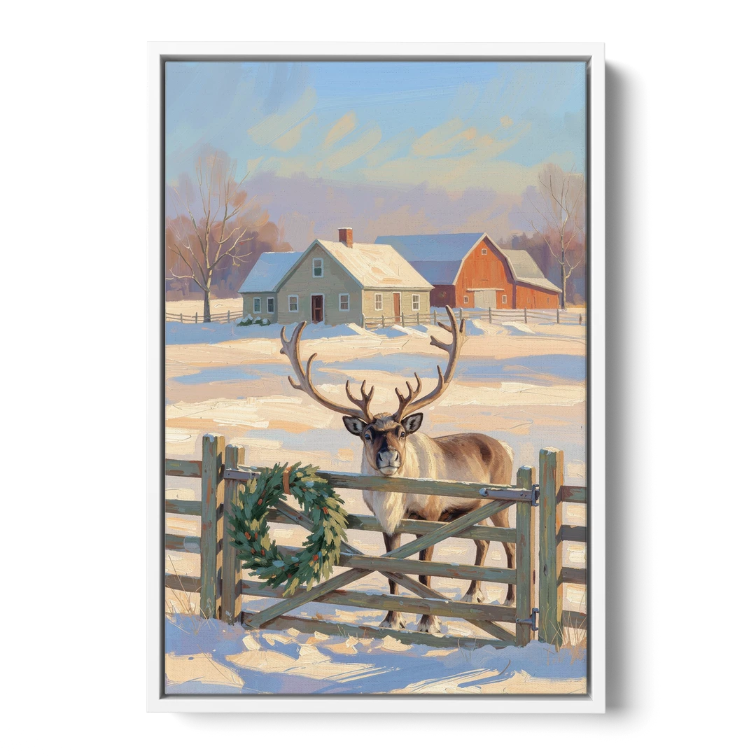 Reindeer at the Farmhouse Gate - White Framed Canvas Wall Art - Front