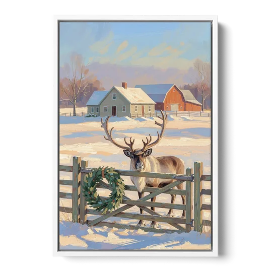 Reindeer at the Farmhouse Gate - White Framed Canvas Wall Art - Front