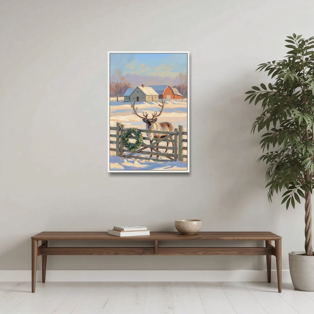 Reindeer at the Farmhouse Gate - White Framed Canvas Wall Art - Coffee Table - 24x36