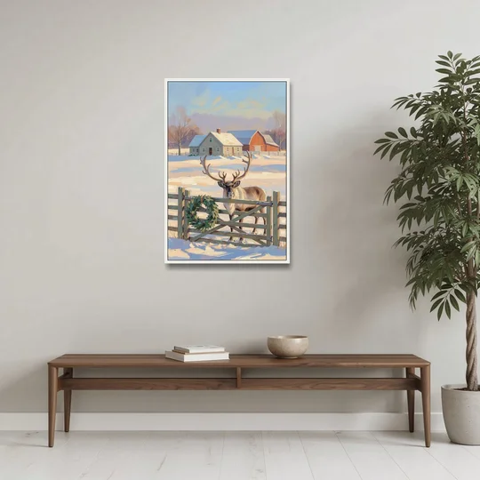 Reindeer at the Farmhouse Gate - White Framed Canvas Wall Art - Coffee Table - 24x36