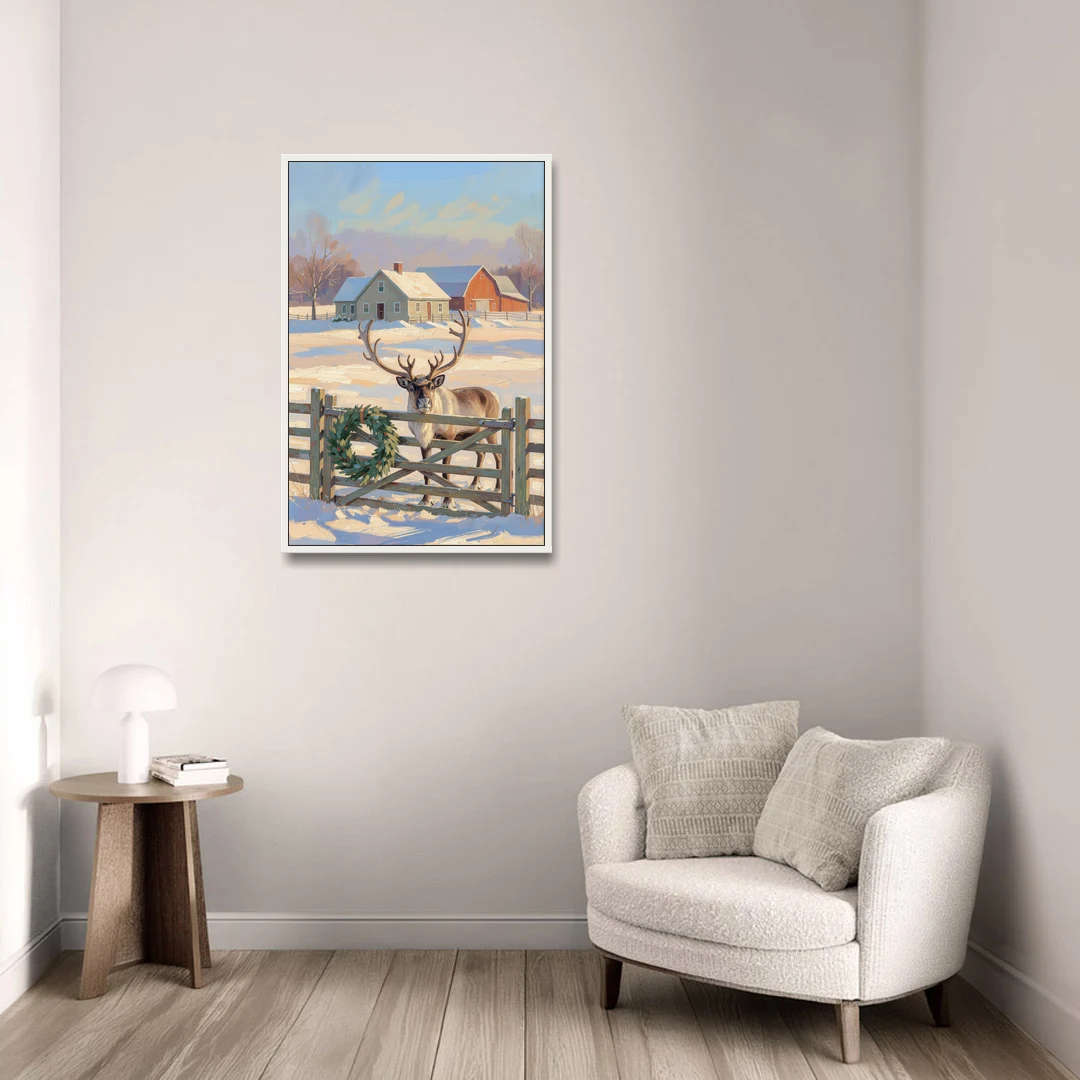 Reindeer at the Farmhouse Gate - White Framed Canvas Wall Art - Sofa - 24x36