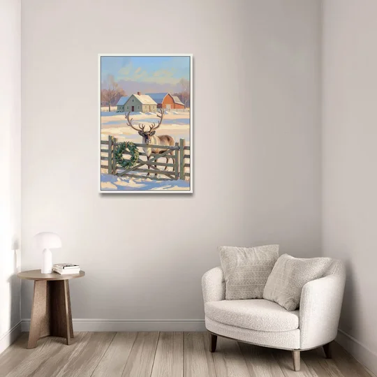 Reindeer at the Farmhouse Gate - White Framed Canvas Wall Art - Sofa - 24x36