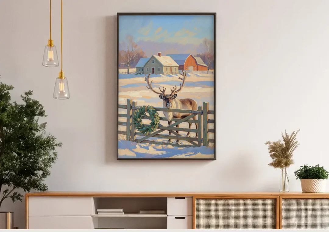 Reindeer at the Farmhouse Gate canvas wall art above a wooden sideboard under pendant lights