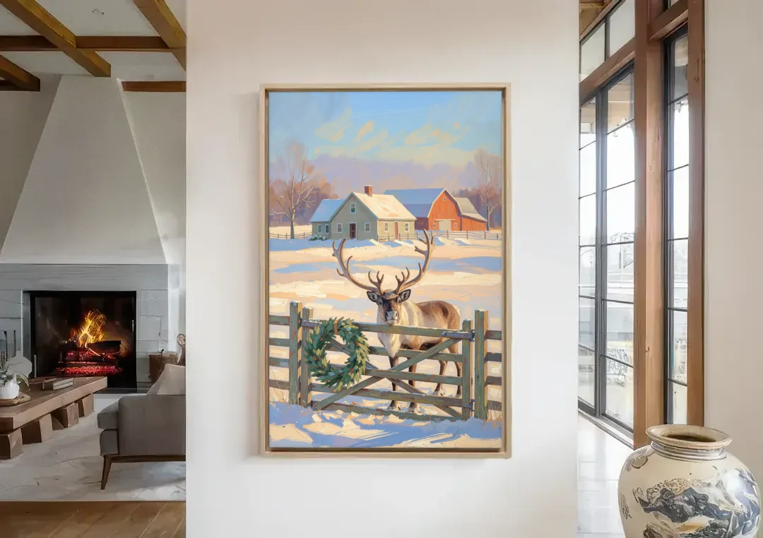 Reindeer at the Farmhouse Gate canvas wall art in a living room with a fireplace