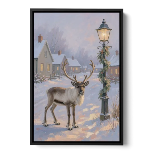 Reindeer by the Garland Lamp Post - Black Framed Canvas Wall Art - Front