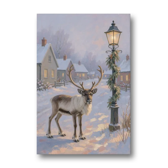Reindeer by the Garland Lamp Post - Canvas Wall Art - Front