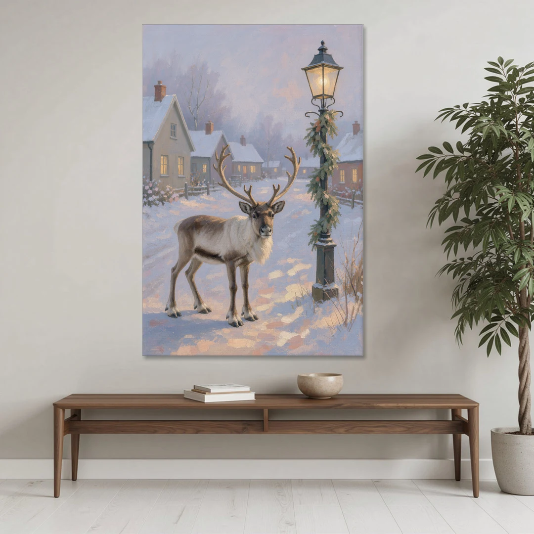 Reindeer by the Garland Lamp Post - Canvas Wall Art - Coffee Table - 40x60