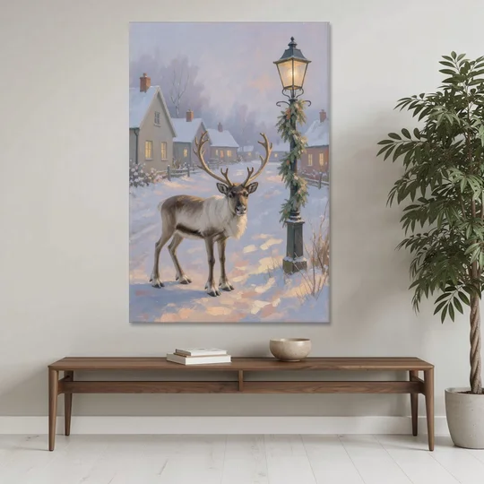 Reindeer by the Garland Lamp Post - Canvas Wall Art - Coffee Table - 40x60