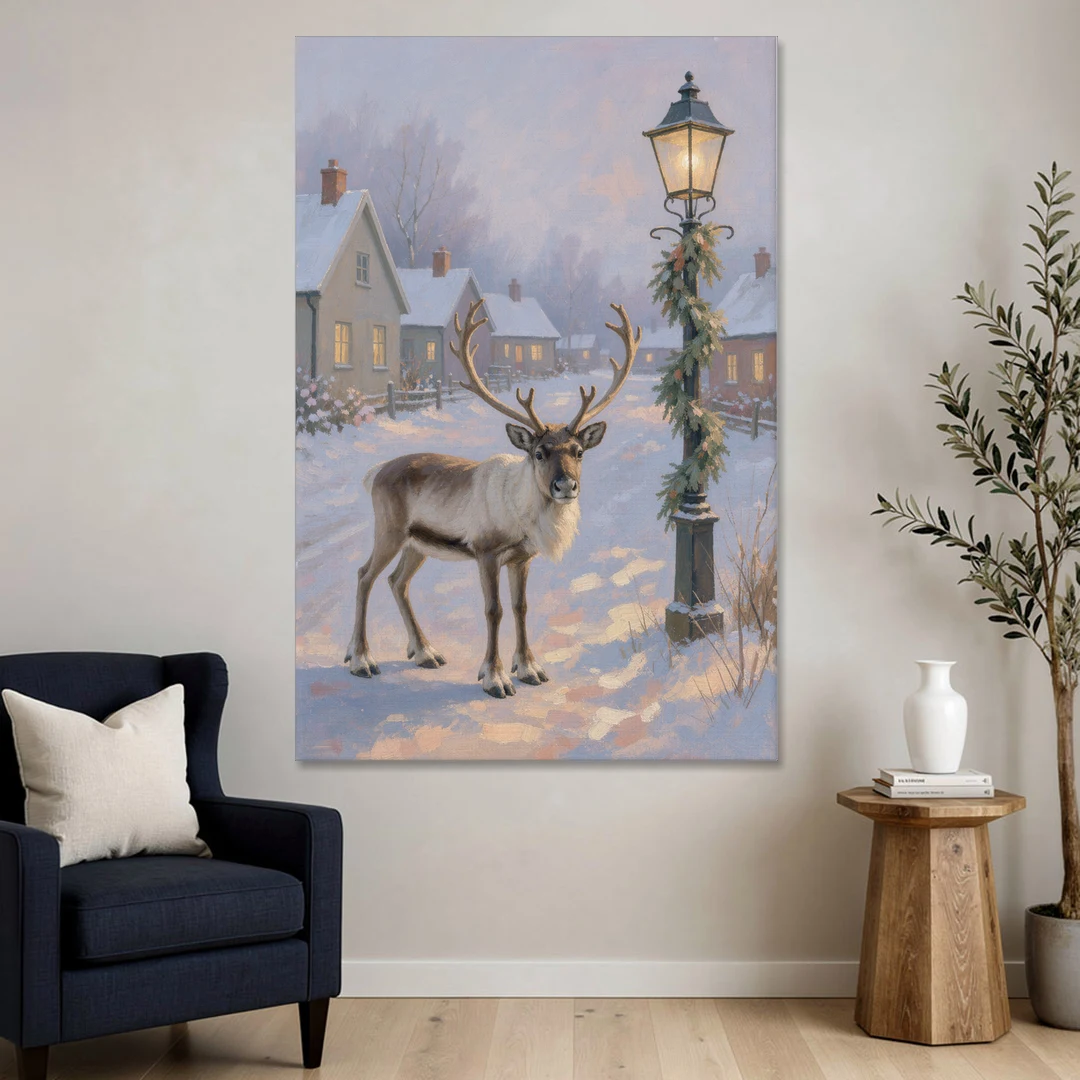Reindeer by the Garland Lamp Post - Canvas Wall Art - Sofa - 40x60