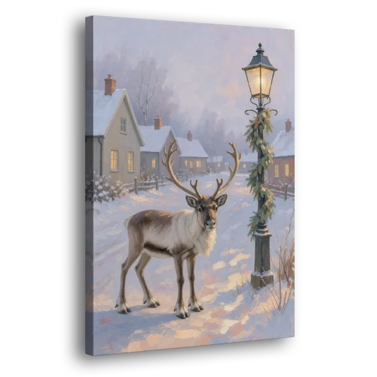 Reindeer by the Garland Lamp Post - Canvas Wall Art - Side