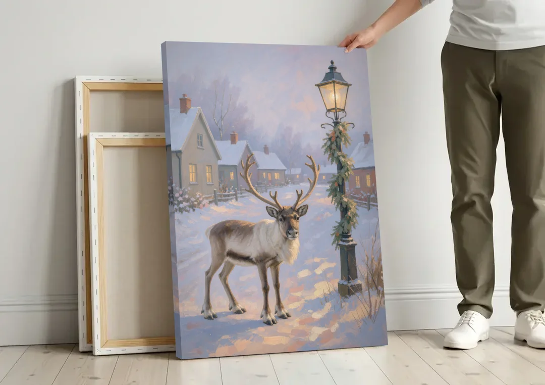 Reindeer by the Garland Lamp Post canvas wall art leaning against a wall next to blank canvases