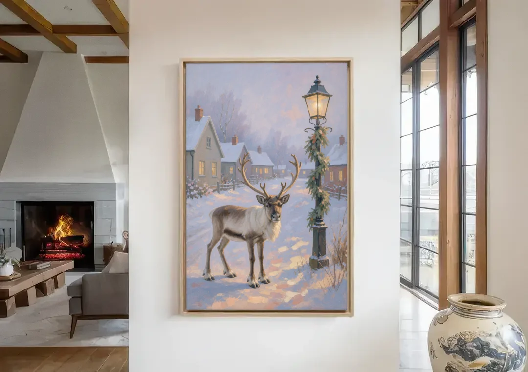 Reindeer by the Garland Lamp Post canvas wall art in a living room with a fireplace