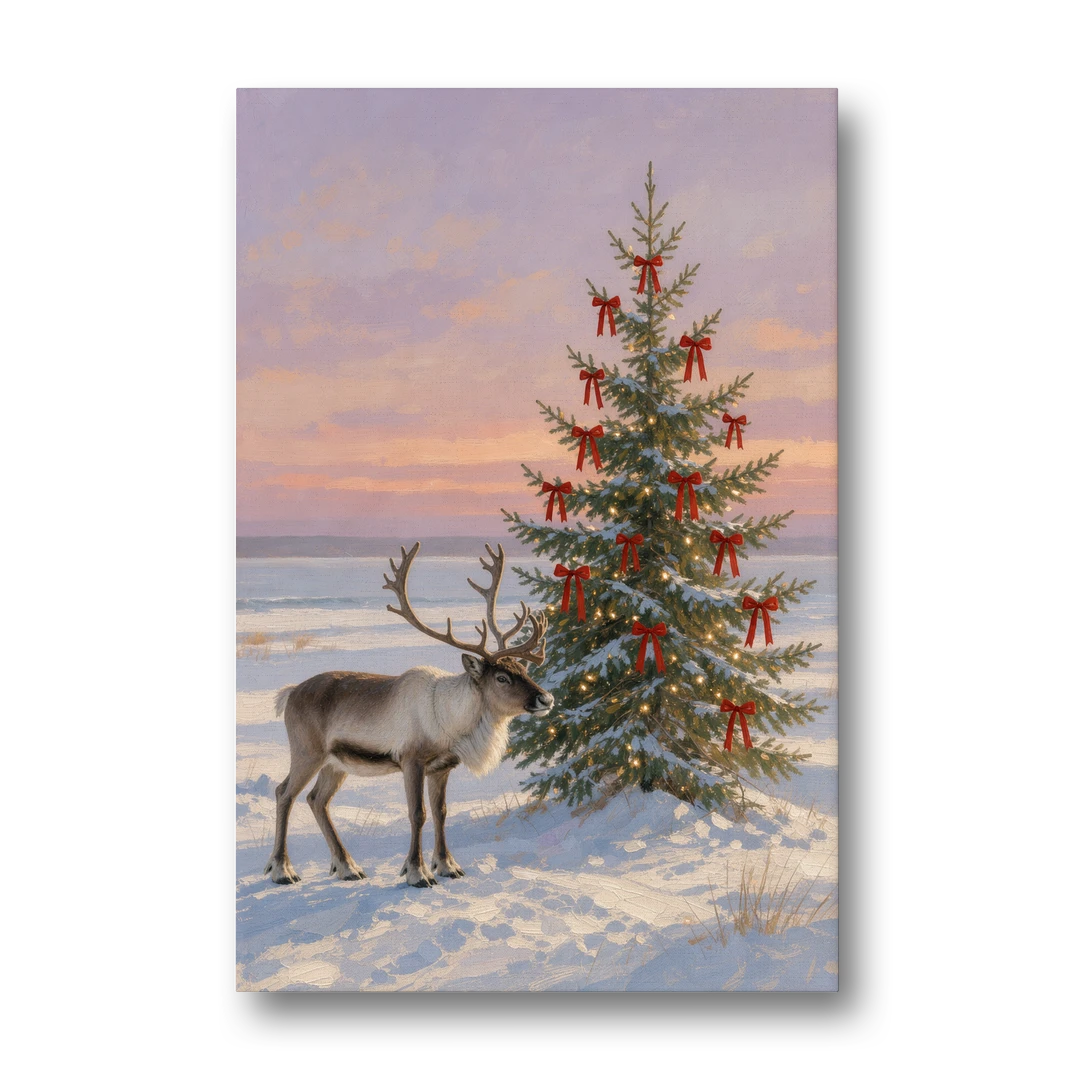 Christmas Reindeer by the Ribbon Fir for the Living Room - Canvas Wall Art - Front