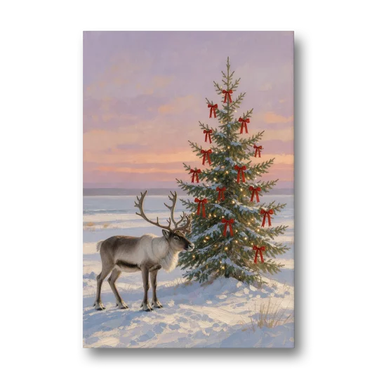 Christmas Reindeer by the Ribbon Fir for the Living Room - Canvas Wall Art - Front