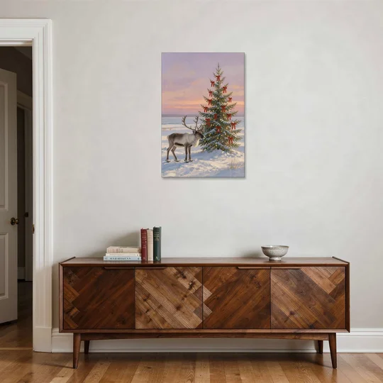 Christmas Reindeer by the Ribbon Fir for the Living Room - Canvas Wall Art - Coffee Table - 24x36
