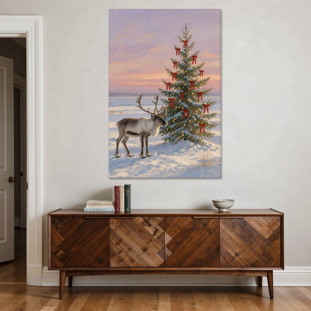 Christmas Reindeer by the Ribbon Fir for the Living Room - Canvas Wall Art - Coffee Table - 40x60