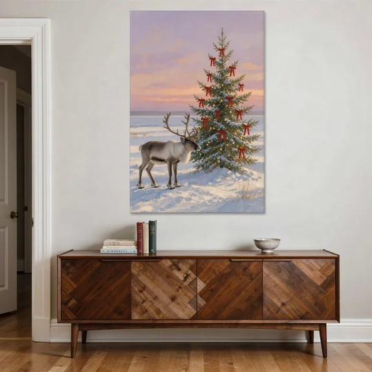 Christmas Reindeer by the Ribbon Fir for the Living Room - Canvas Wall Art - Coffee Table - 40x60