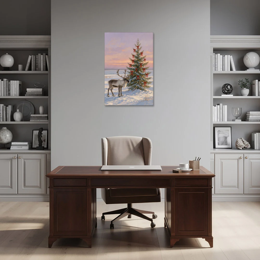 Christmas Reindeer by the Ribbon Fir for the Living Room - Canvas Wall Art - Office - 24x36