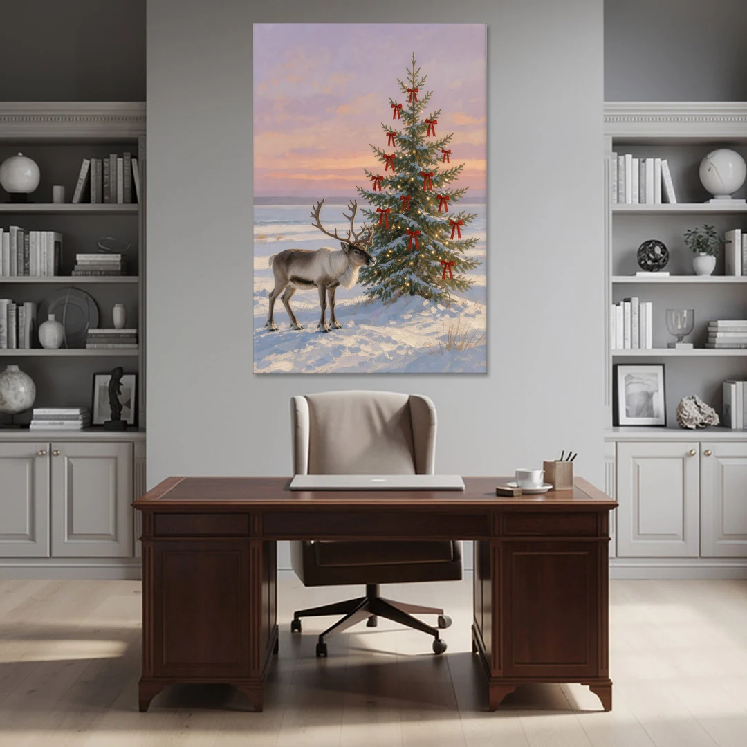 Christmas Reindeer by the Ribbon Fir for the Living Room - Canvas Wall Art - Office - 40x60