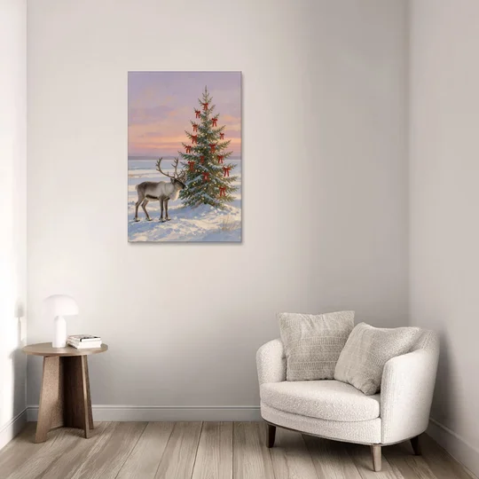 Christmas Reindeer by the Ribbon Fir for the Living Room - Canvas Wall Art - Sofa - 24x36