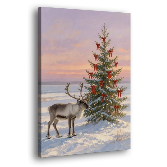 Christmas Reindeer by the Ribbon Fir for the Living Room - Canvas Wall Art - Side