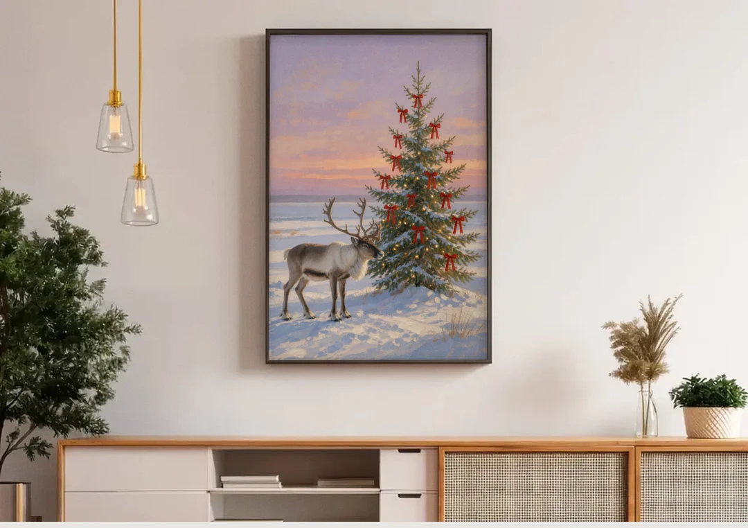 Christmas Reindeer by the Ribbon Fir for the Living Room canvas wall art above a wooden sideboard under pendant lights