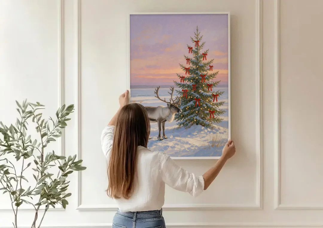 Christmas Reindeer by the Ribbon Fir for the Living Room canvas wall art being hung on a paneled wall
