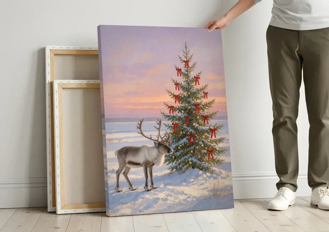 Christmas Reindeer by the Ribbon Fir for the Living Room canvas wall art leaning against a wall next to blank canvases