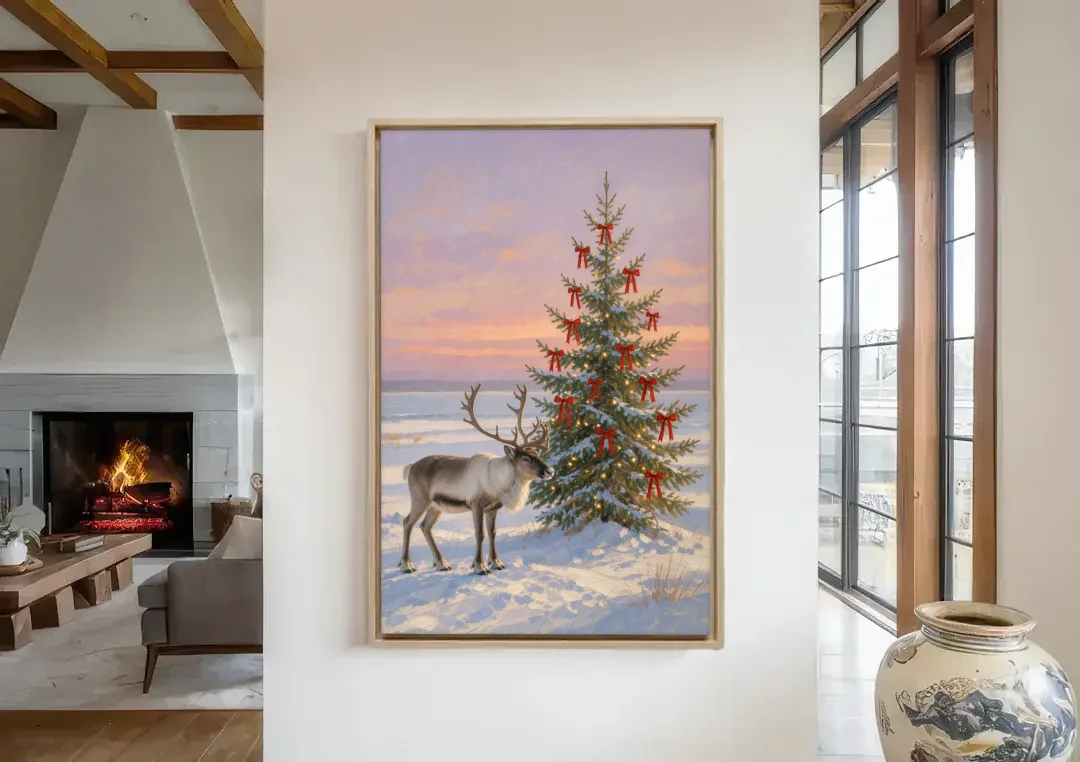 Christmas Reindeer by the Ribbon Fir for the Living Room canvas wall art in a living room with a fireplace