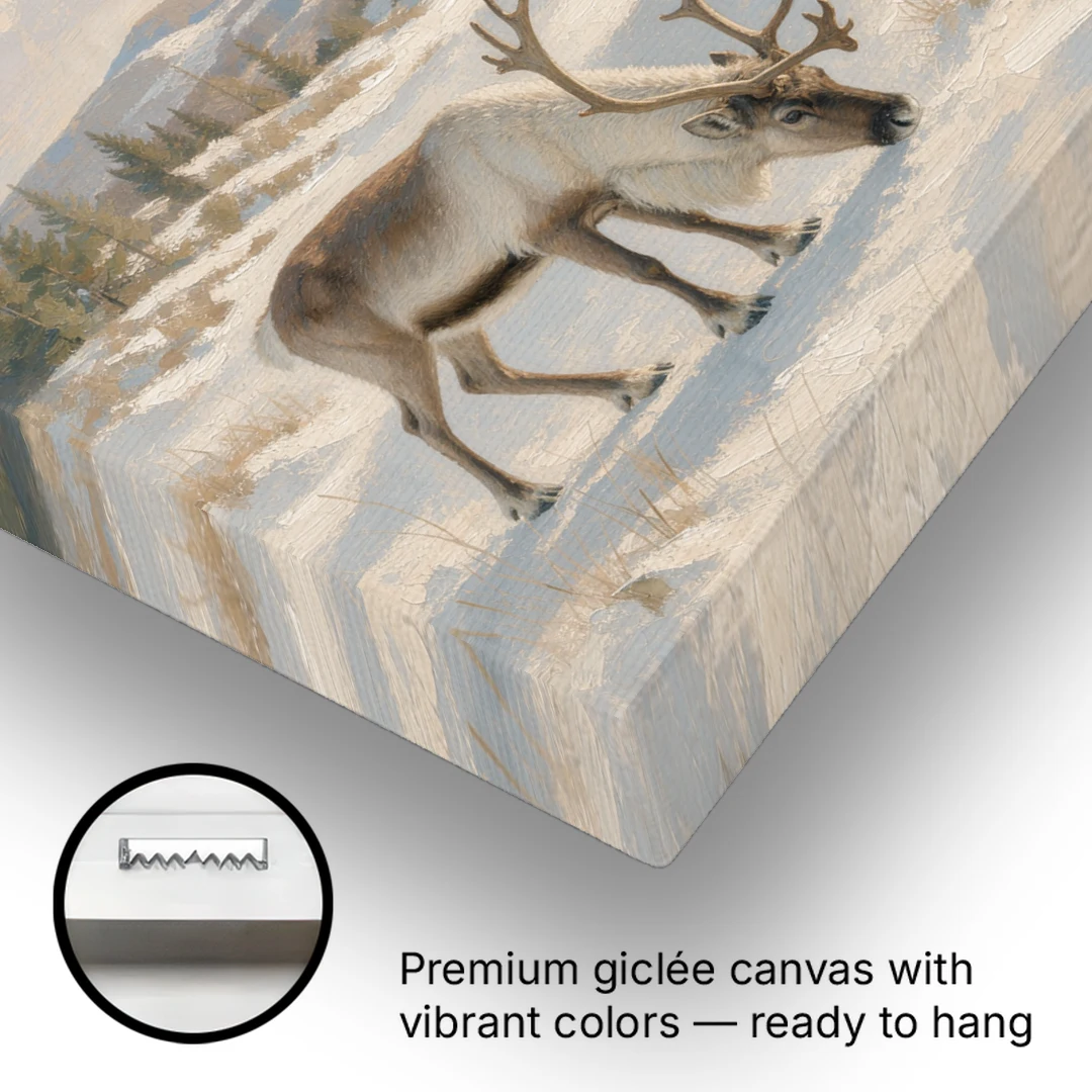 Reindeer Grazing by a Red Nordic Cabin - Canvas Wall Art - Gallery Wrap Corner