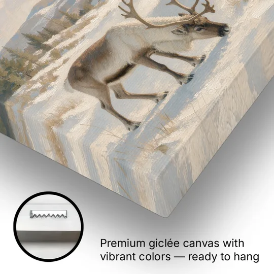 Reindeer Grazing by a Red Nordic Cabin - Canvas Wall Art - Gallery Wrap Corner