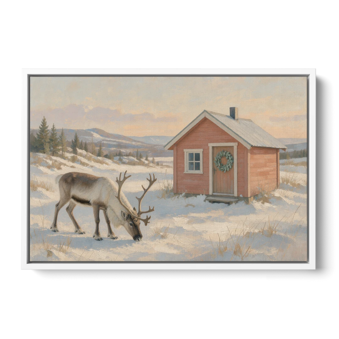 Reindeer Grazing by a Red Nordic Cabin - White Framed Canvas Wall Art - Front