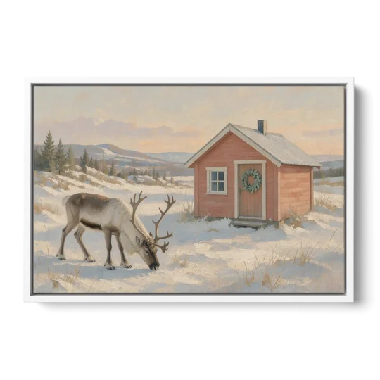 Reindeer Grazing by a Red Nordic Cabin - White Framed Canvas Wall Art - Front